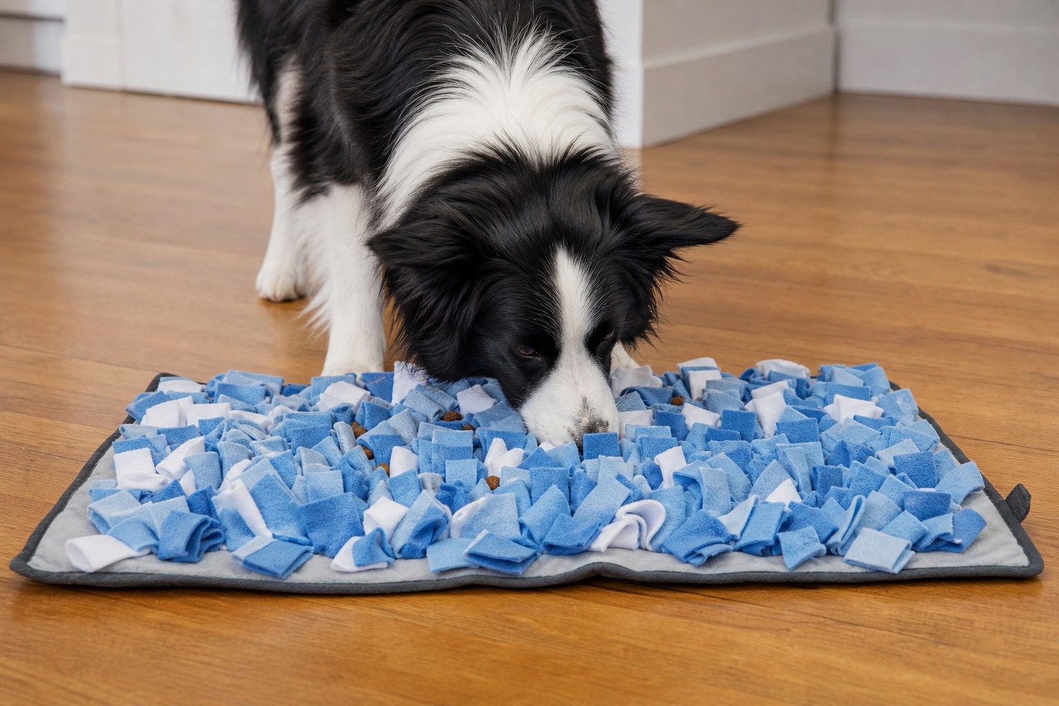 Border Collie searching a blue snuffle mat for kibble