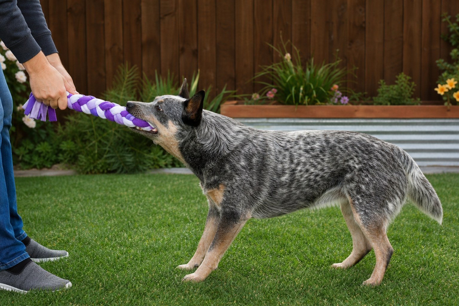 Australian Cattle Dog playing tug with a braided fleece toy