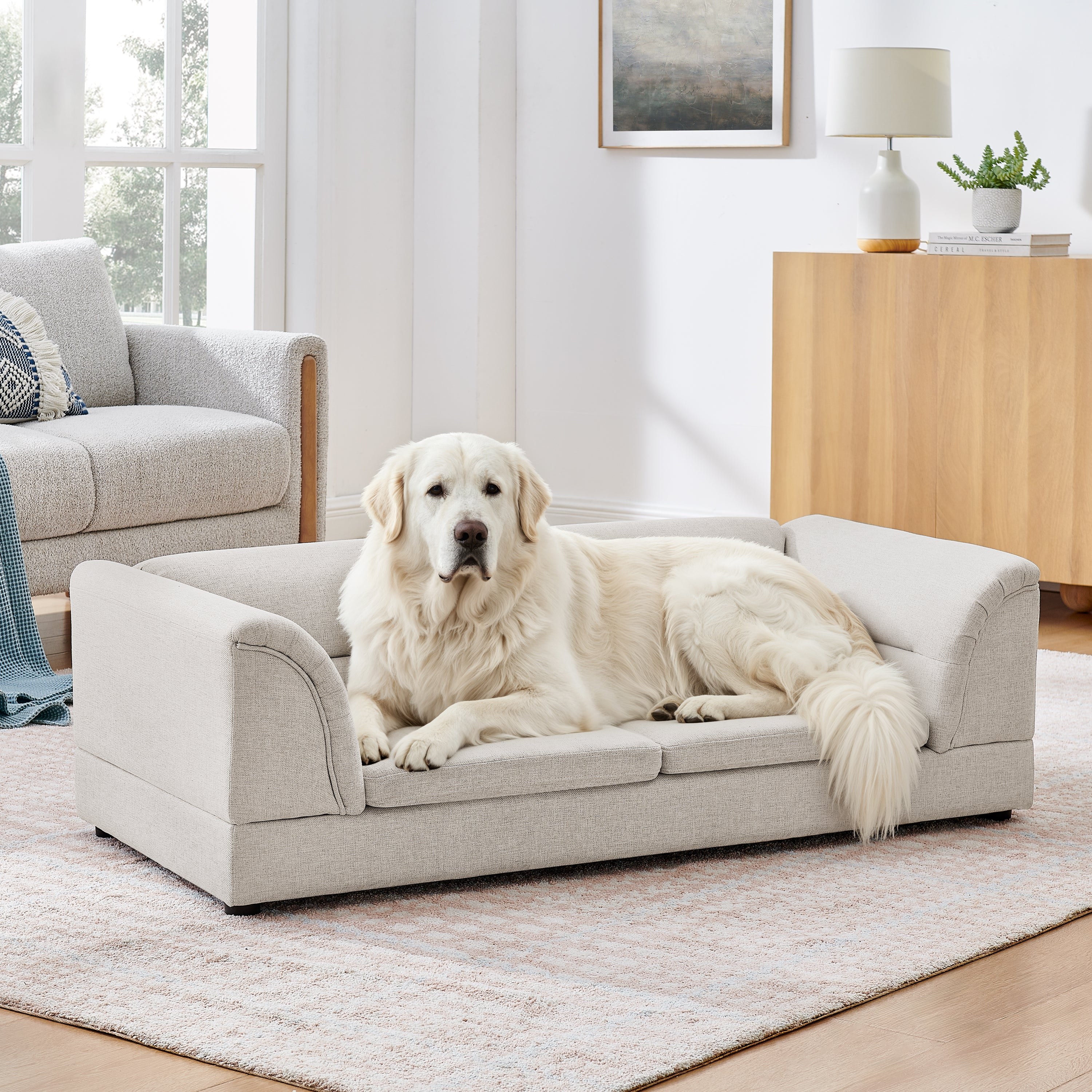A dog relaxing on a cozy pet sofa at home