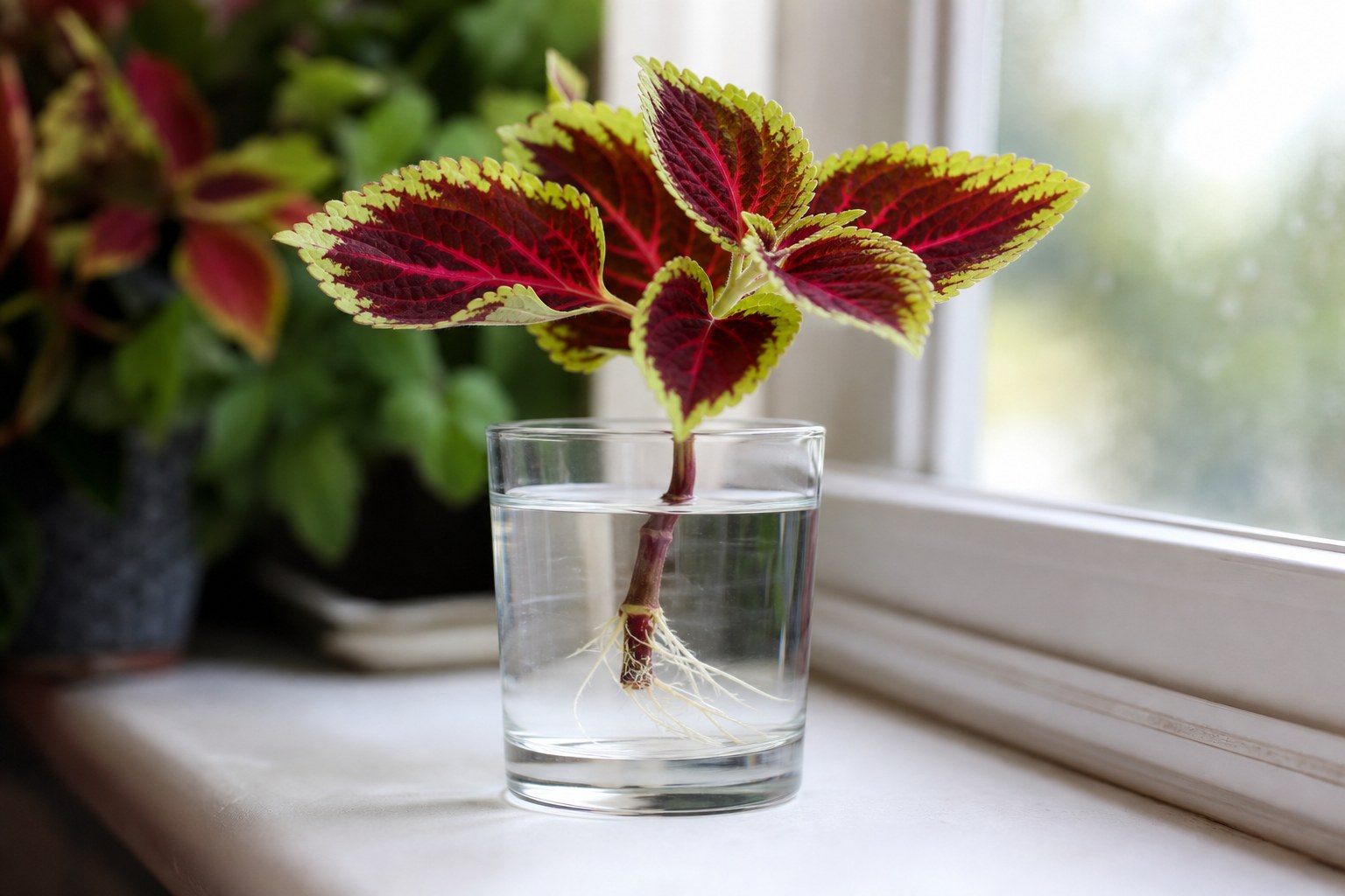 Colorful coleus cutting with roots in a clear water glass on a windowsill