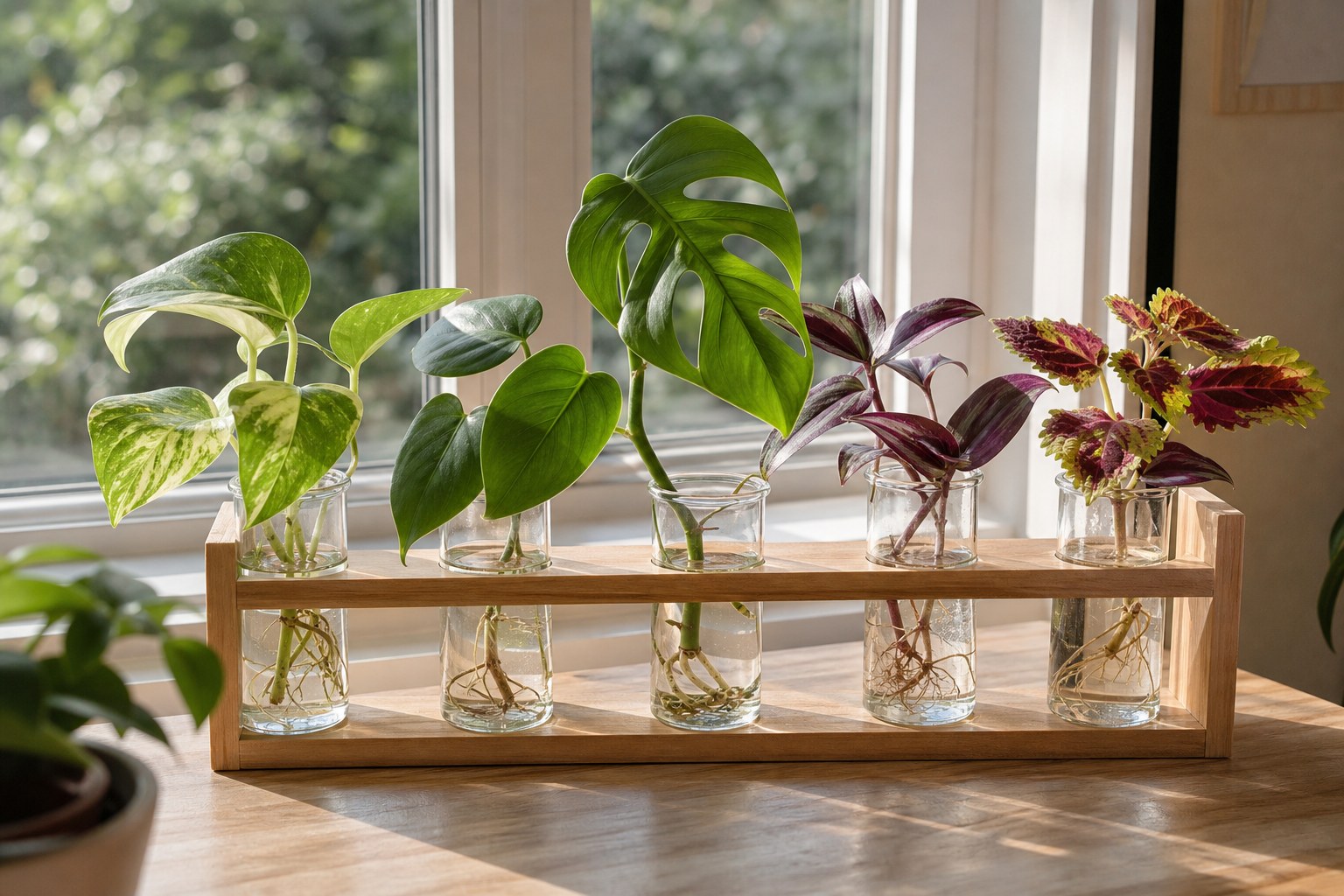 Five kinds of houseplant cuttings rooting in glass vessels on a wooden propagation stand