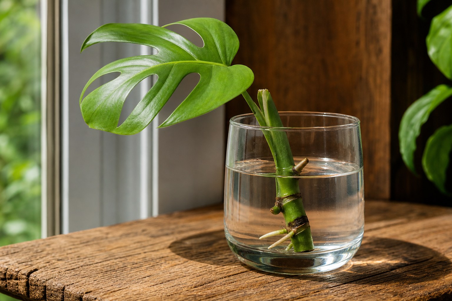 Small monstera cutting with a node and roots in a clear water glass
