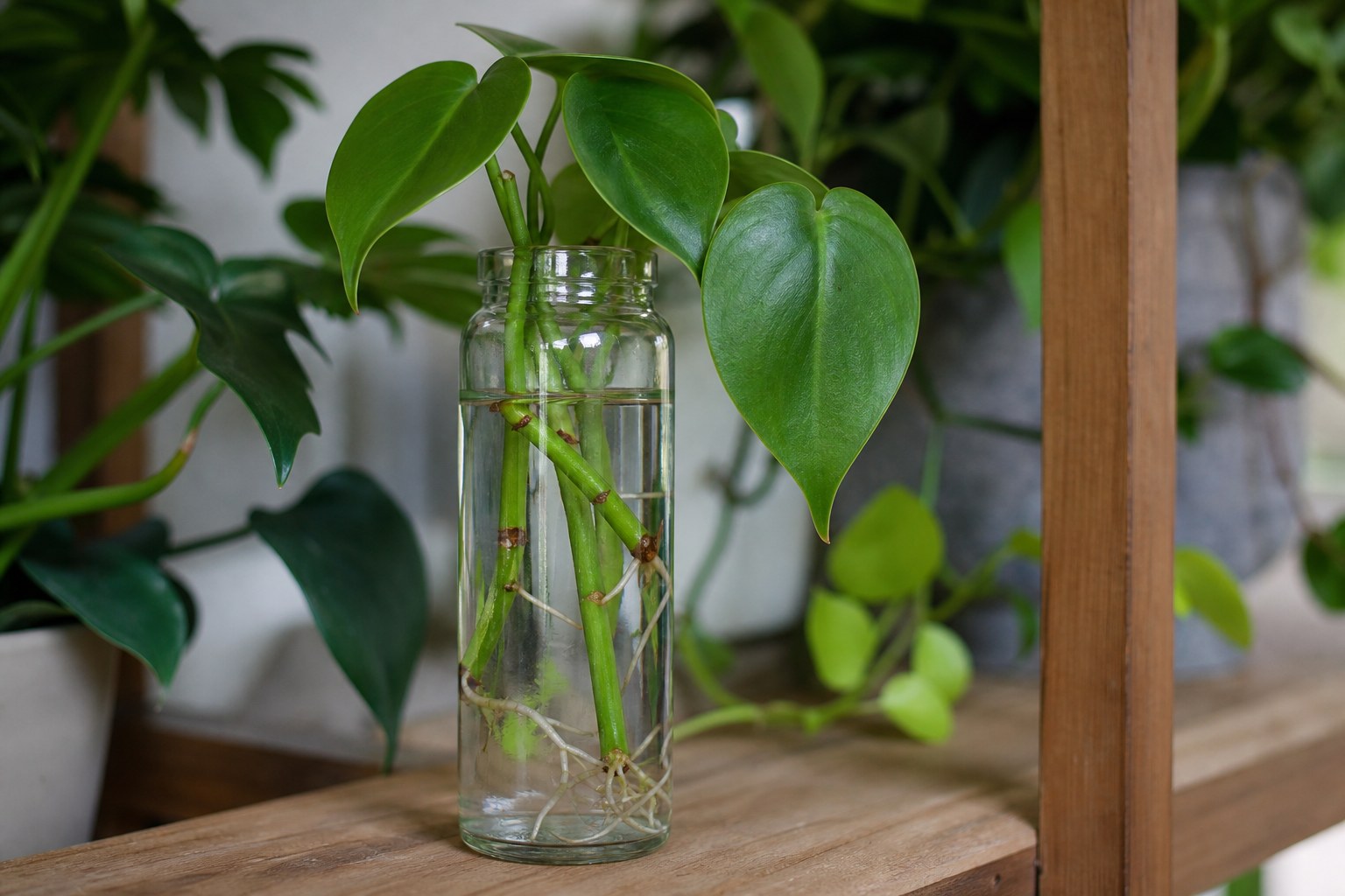 Heartleaf philodendron cuttings rooting in a tall clear glass jar