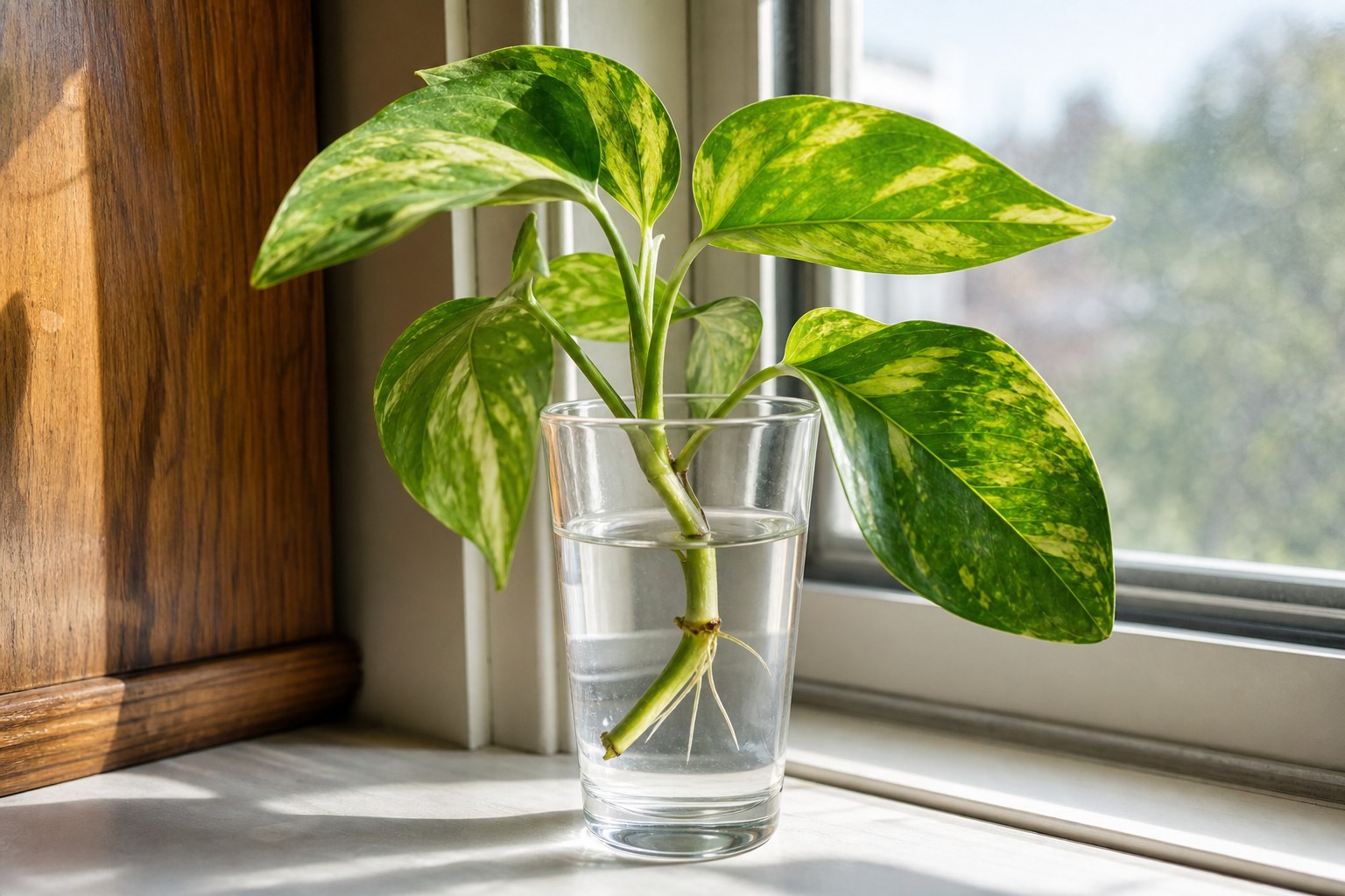 Golden pothos cutting rooting in a clear glass of water by a window