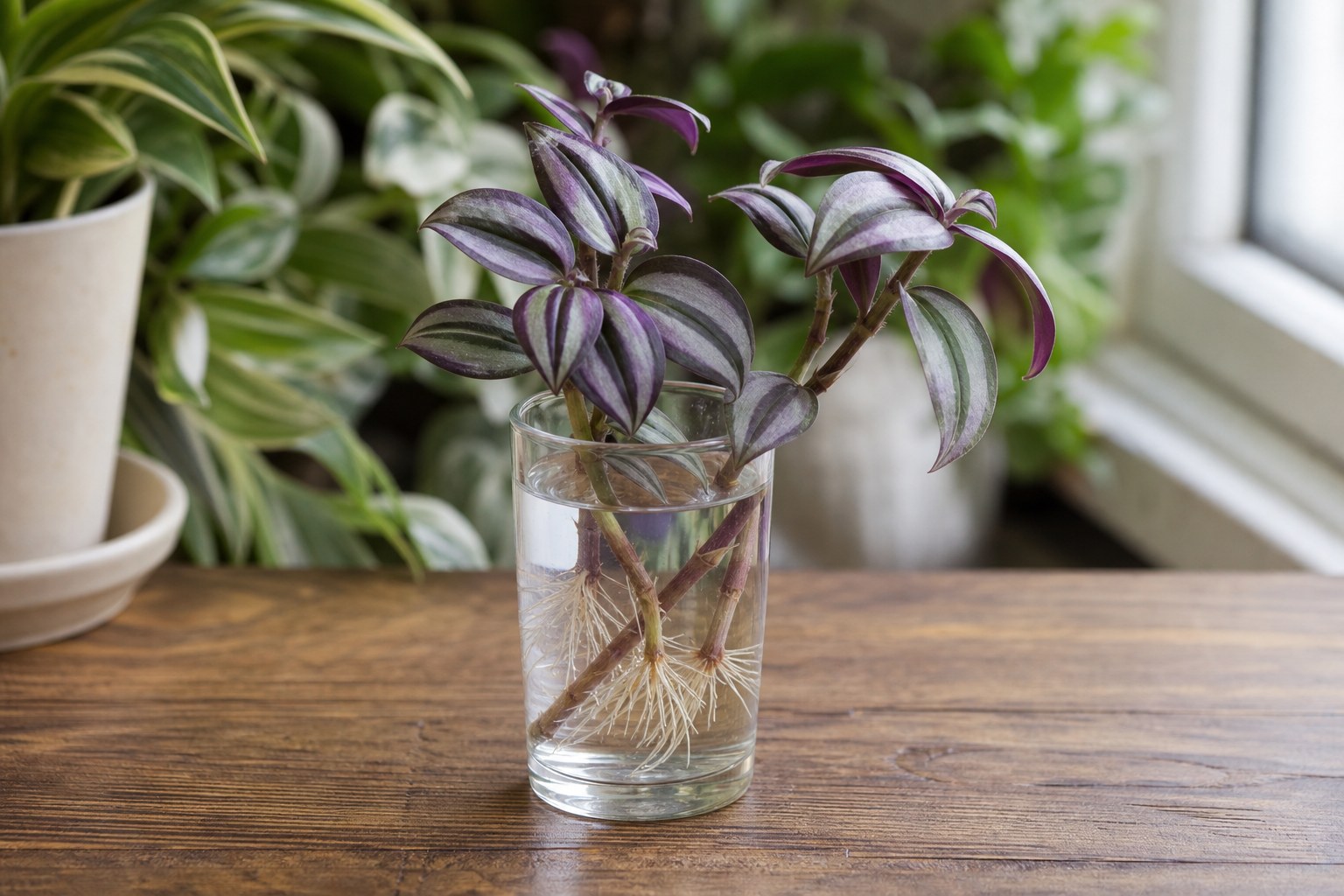 Purple tradescantia cuttings rooting in a clear glass of water