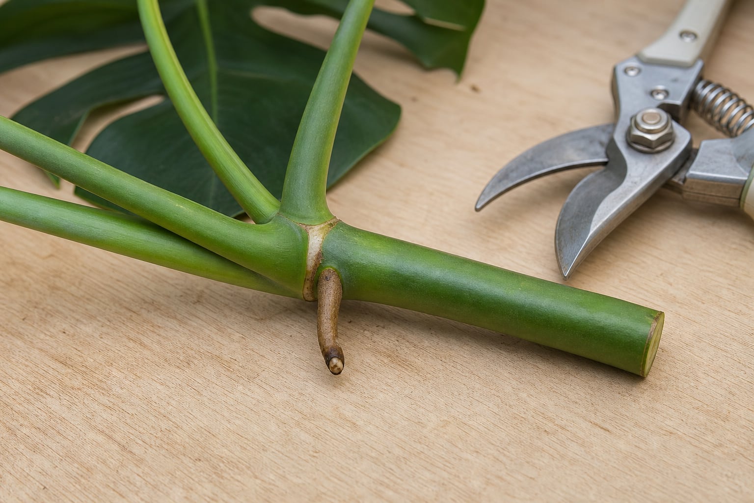 Monstera stem cutting with a visible node and aerial root beside pruning shears