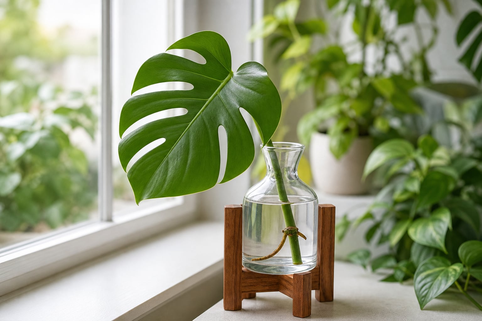 Monstera cutting with a visible aerial root growing in a clear glass vessel on a wood stand