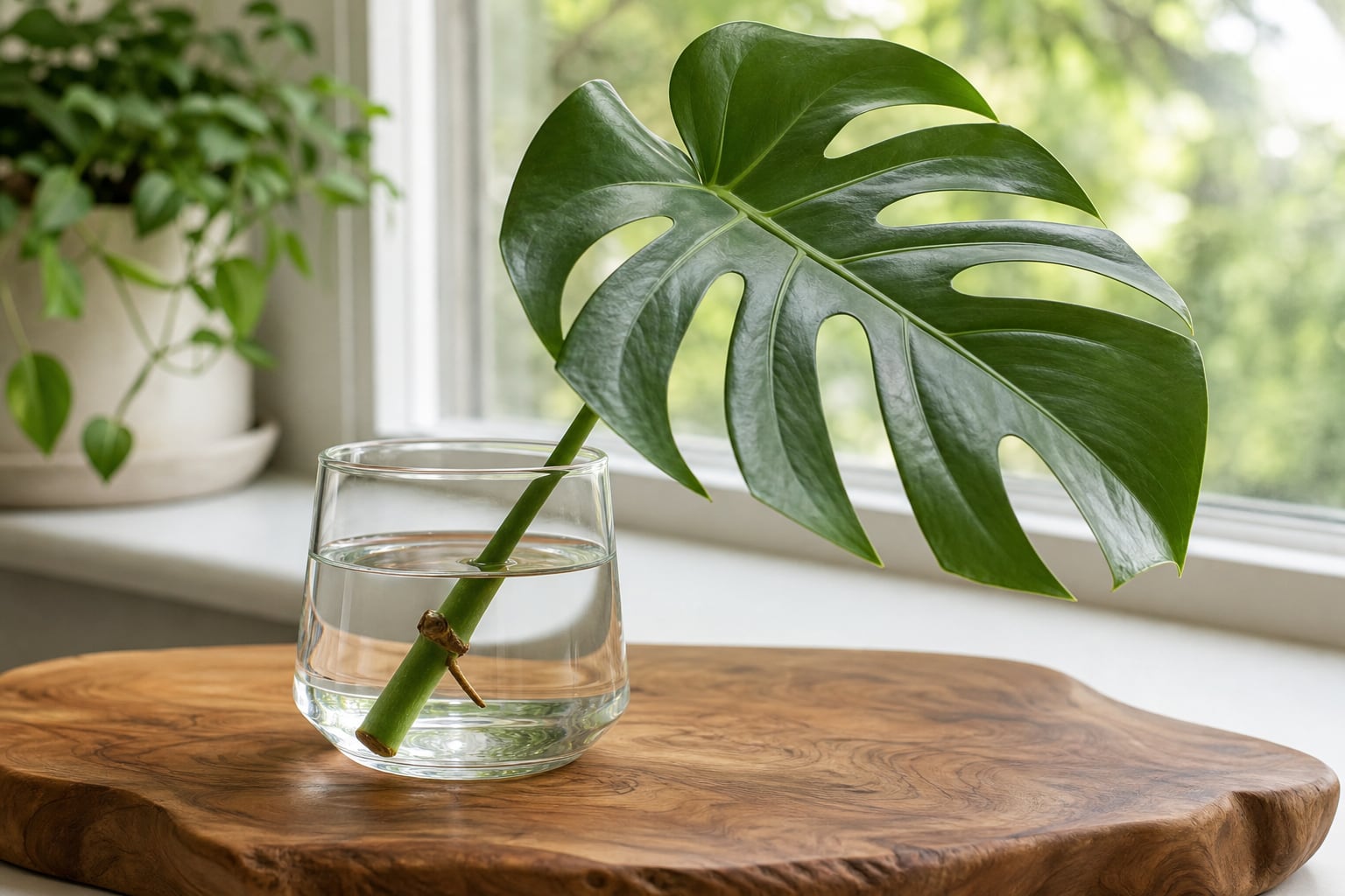 Monstera cutting in clean water with the node below the waterline and leaf above it