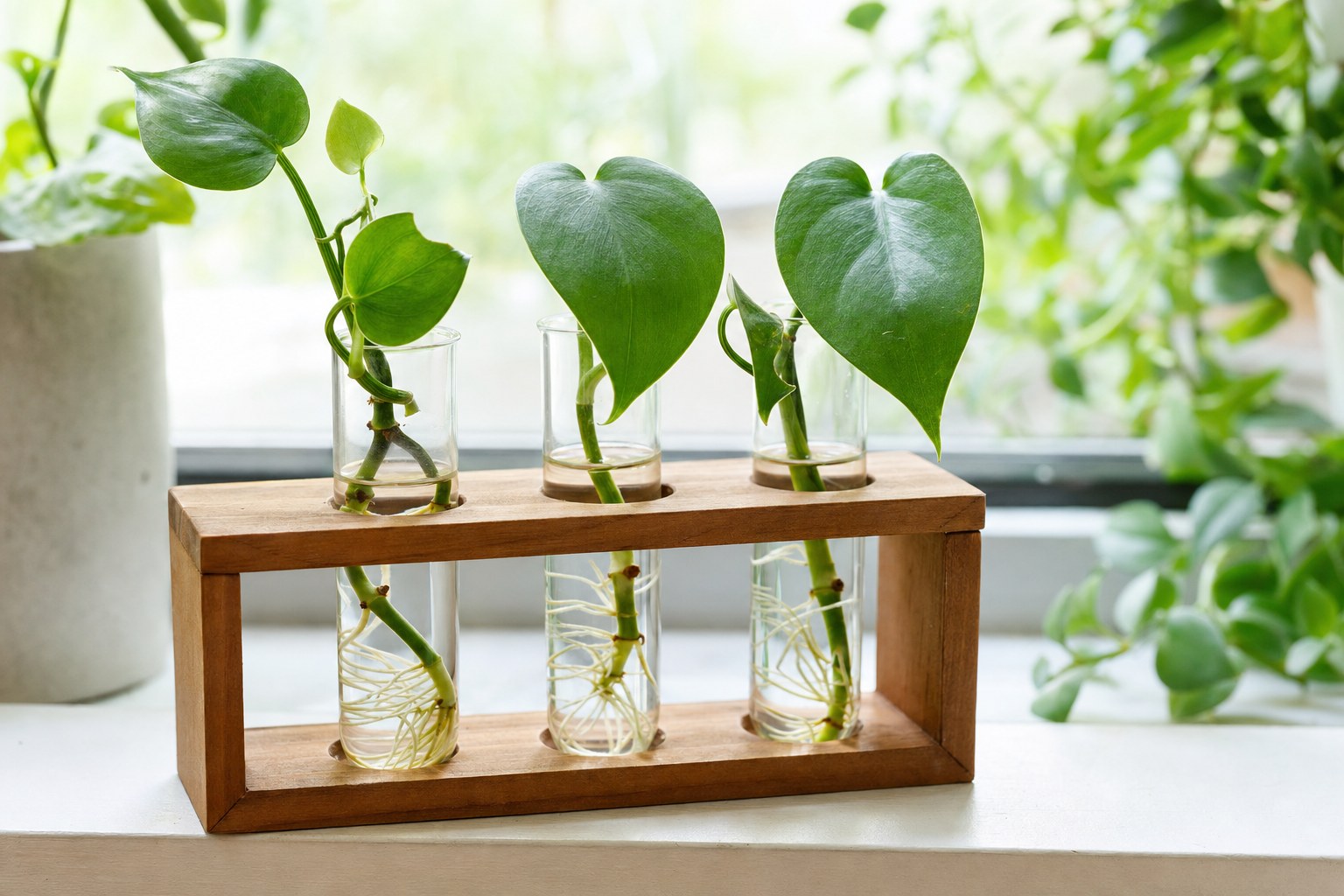 Heartleaf philodendron cuttings rooting in glass tubes on a warm wood propagation stand