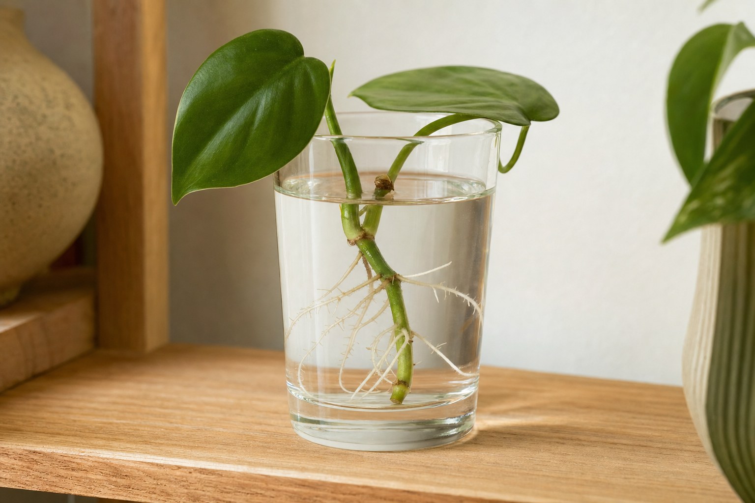 Heartleaf philodendron cutting with a small network of roots in clear water