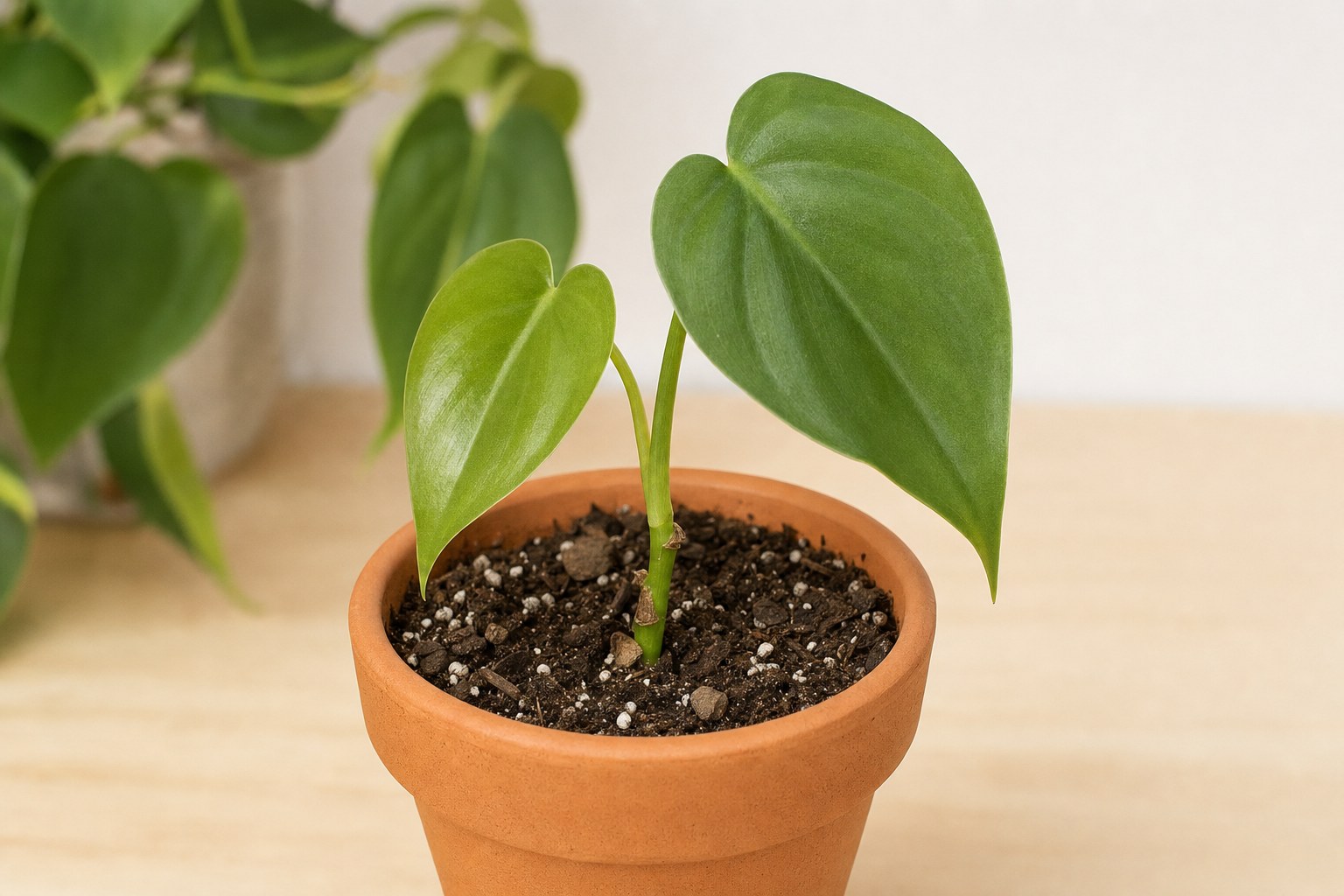 Young heartleaf philodendron cutting planted in a small terracotta pot
