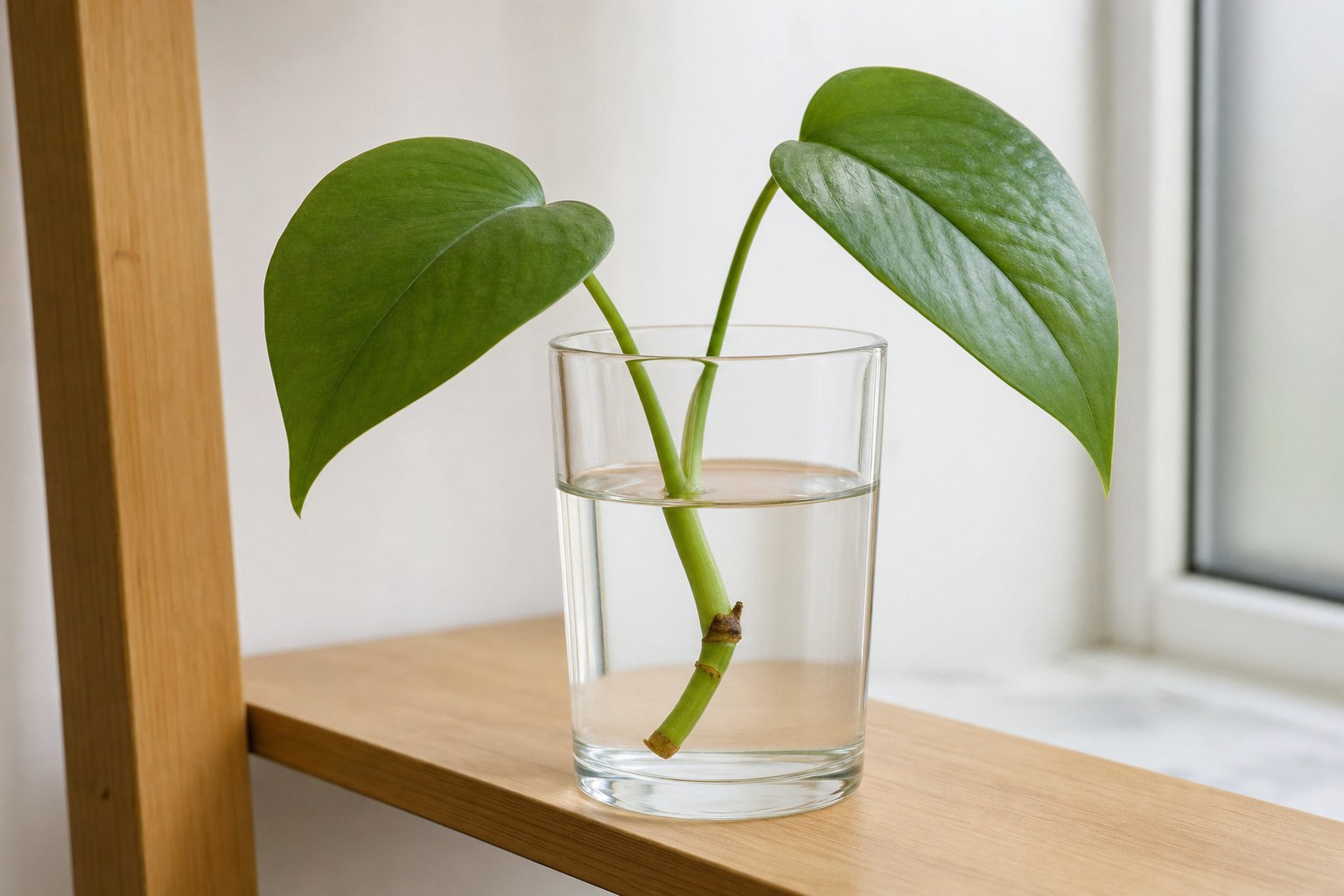 Heartleaf philodendron cutting with a submerged node in a clear glass of water