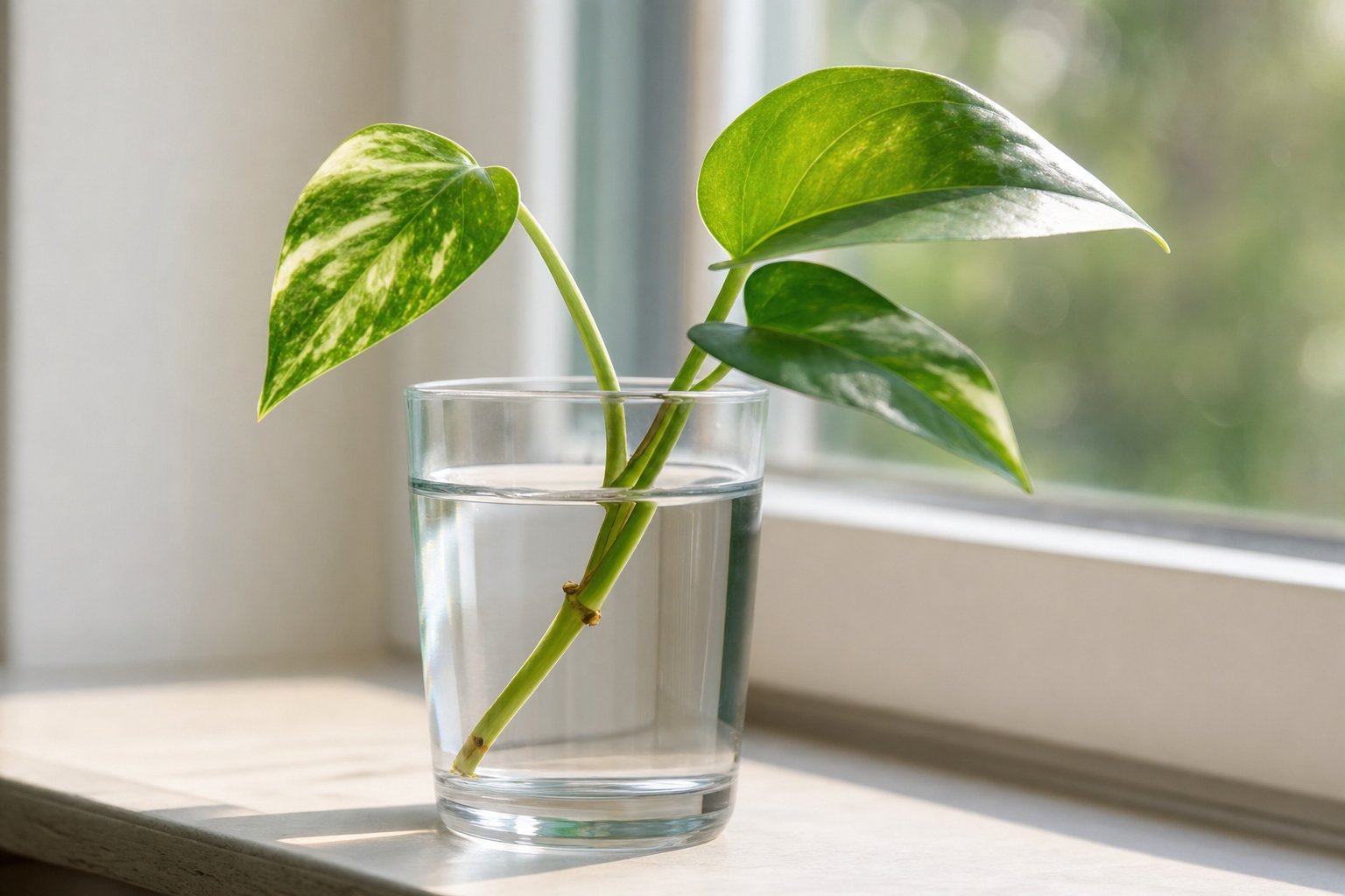 Pothos cutting in a glass of water with the leaves above the waterline