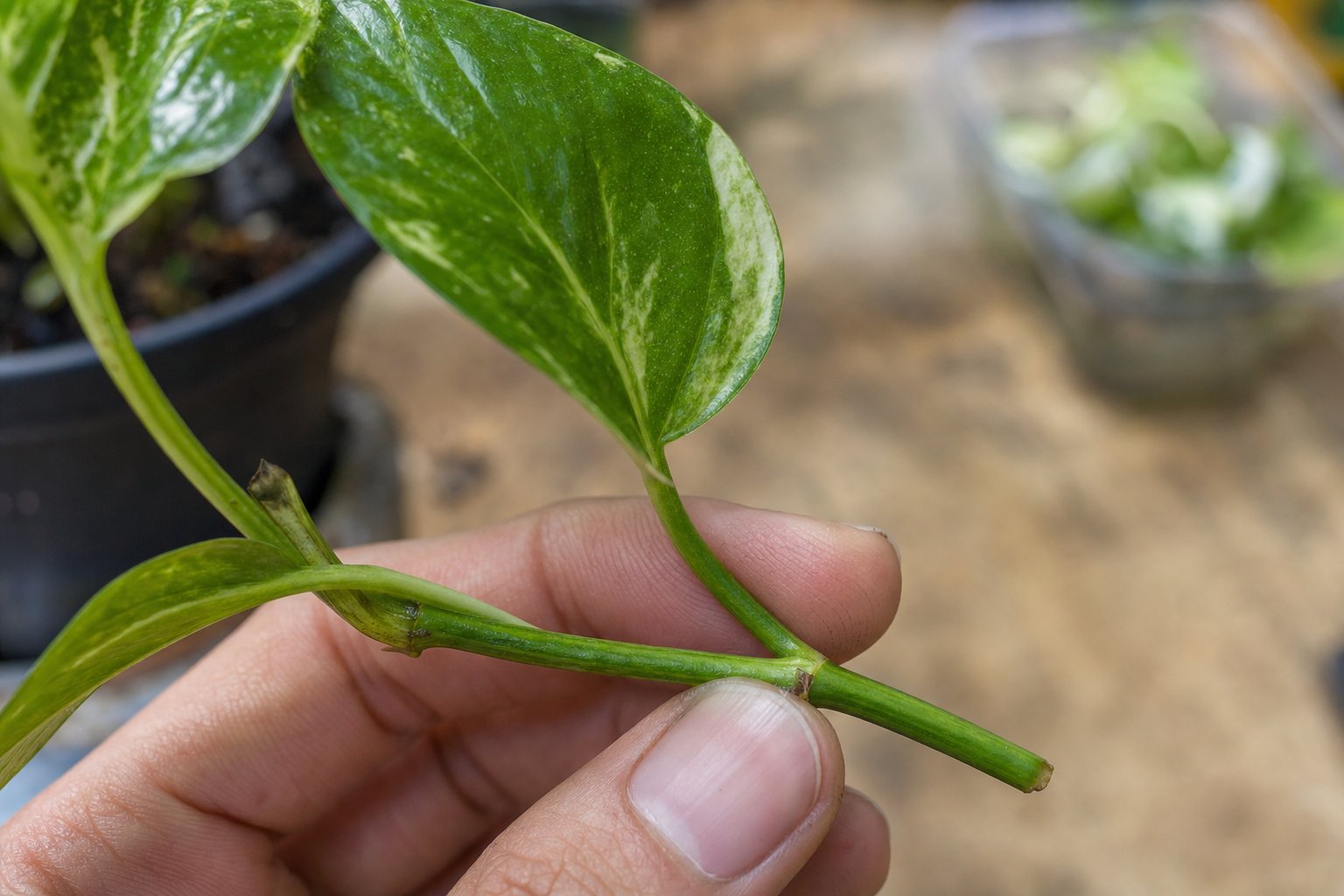 Close view of a pothos stem cutting with the node visible below a leaf