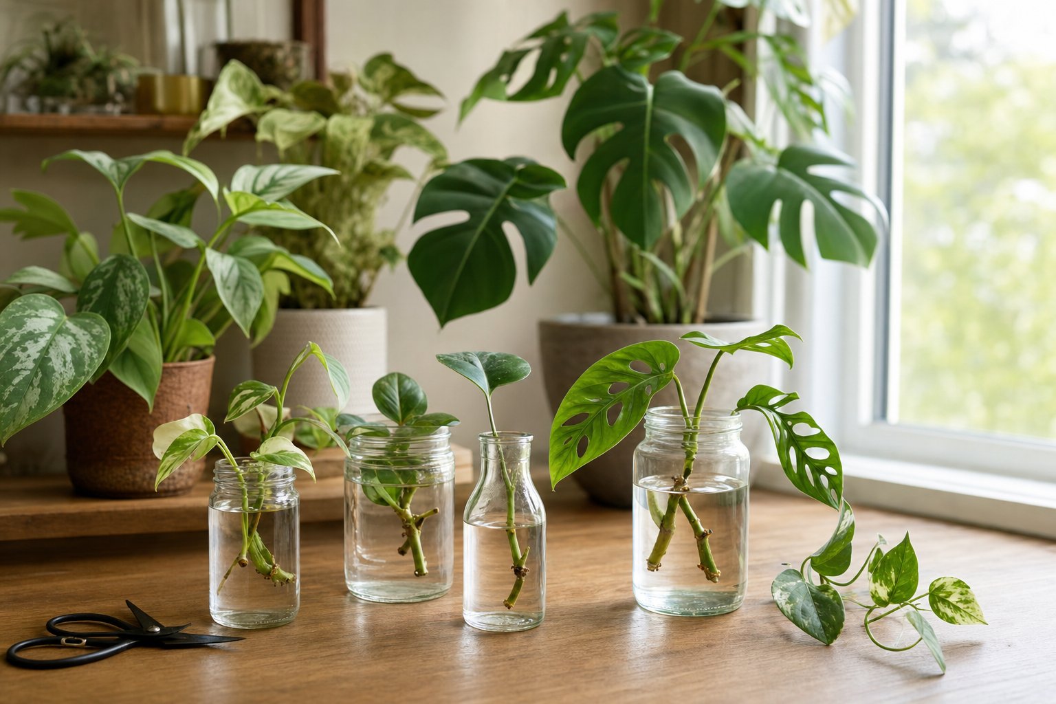 Houseplant cuttings in clear jars beside indoor plants