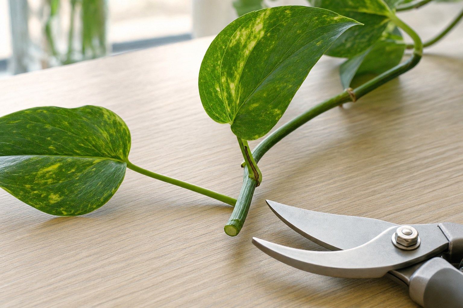 Pothos stem with a visible node and a fresh cut near clean pruning shears