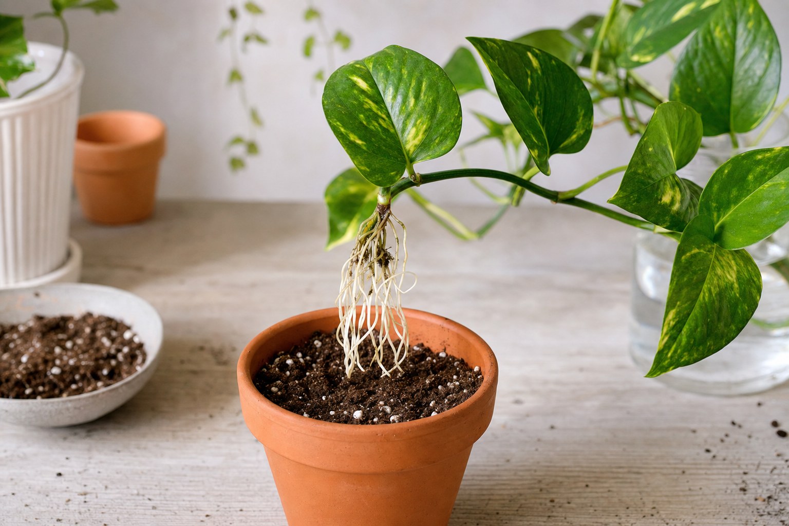Water-rooted pothos cutting held above a small pot of houseplant soil