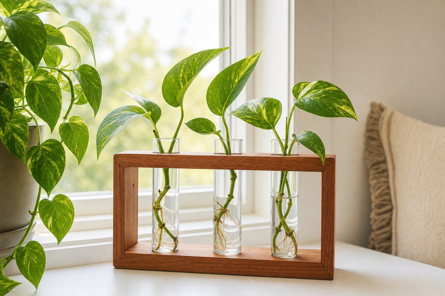 Golden pothos cuttings rooting in three clear glass tubes on a warm wood stand