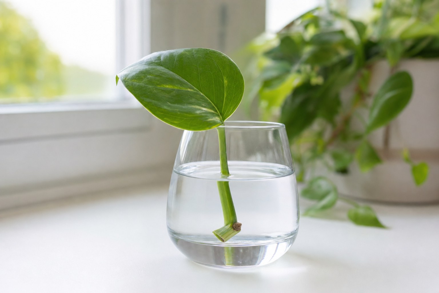 Pothos cutting in a clear glass with the leaf above the waterline