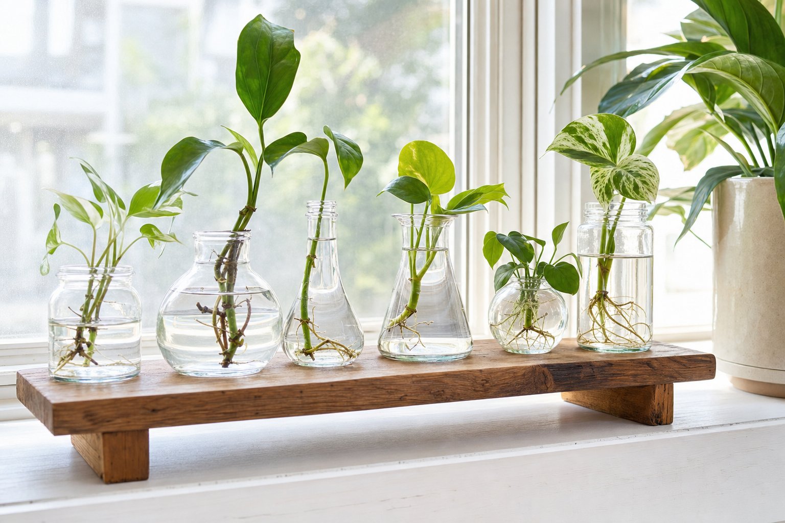 Houseplant cuttings rooting in clear glass vessels on a wooden windowsill stand