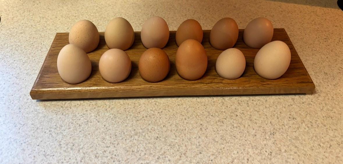 Reclaimed oak egg tray holding twelve eggs on a kitchen counter
