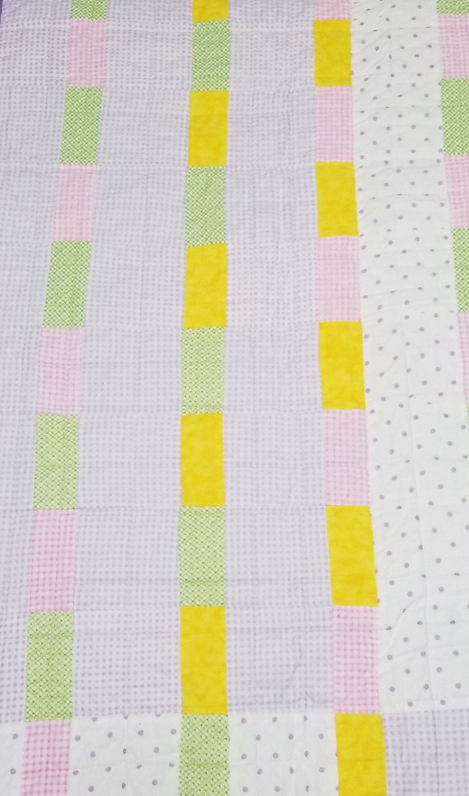 Handmade Flannel Patchwork Baby Quilt, Lavender Pink Yellow Green Crib Blanket (39"x44"), Baby Shower Gift, view 2