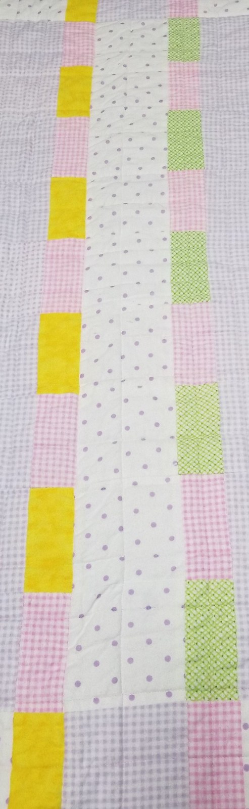 Handmade Flannel Patchwork Baby Quilt, Lavender Pink Yellow Green Crib Blanket (39"x44"), Baby Shower Gift, view 3