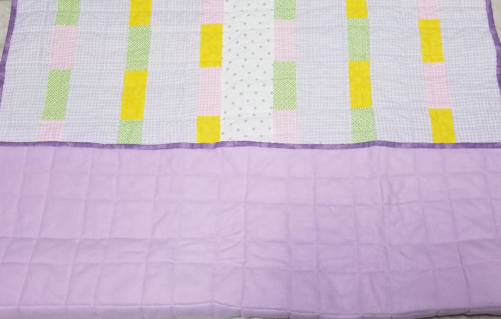 Handmade Flannel Patchwork Baby Quilt, Lavender Pink Yellow Green Crib Blanket (39"x44"), Baby Shower Gift, view 5