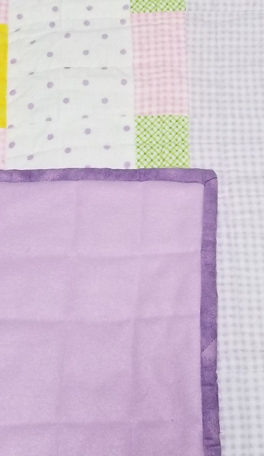 Handmade Flannel Patchwork Baby Quilt, Lavender Pink Yellow Green Crib Blanket (39"x44"), Baby Shower Gift, view 6
