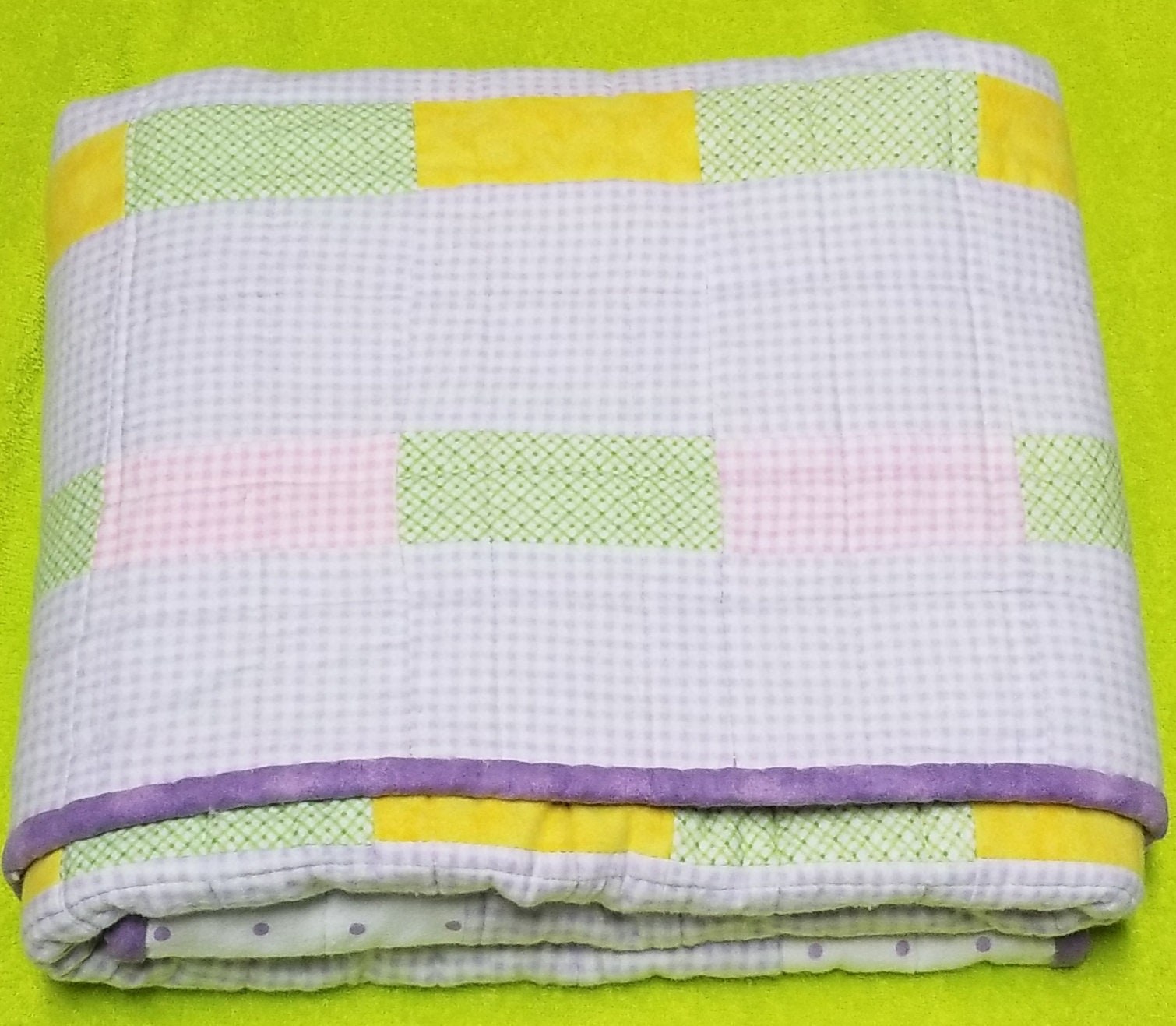 Handmade Flannel Patchwork Baby Quilt, Lavender Pink Yellow Green Crib Blanket (39"x44"), Baby Shower Gift, view 8