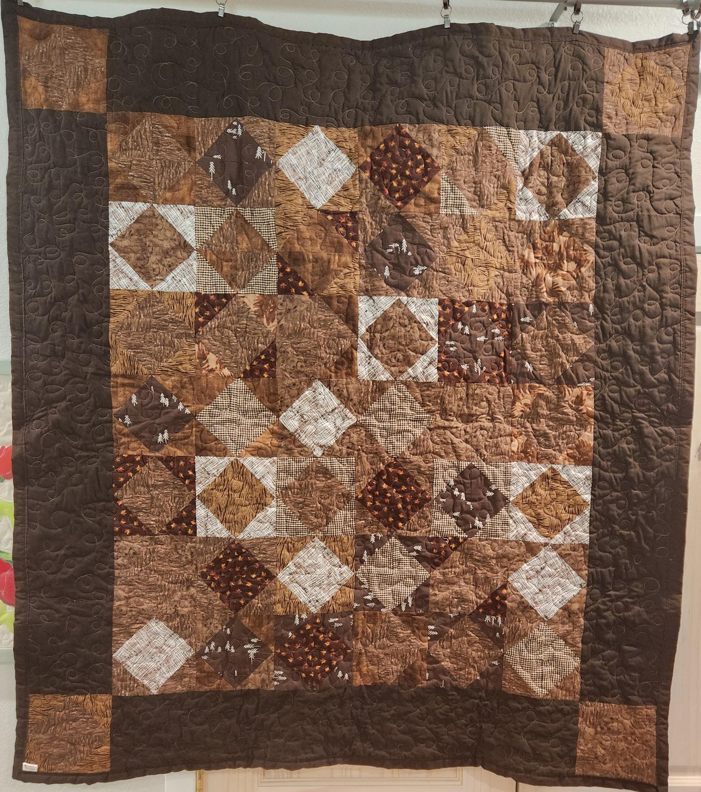 One-of-a-Kind Brown Patchwork Lap Quilt, Handmade Cotton Baby Blanket