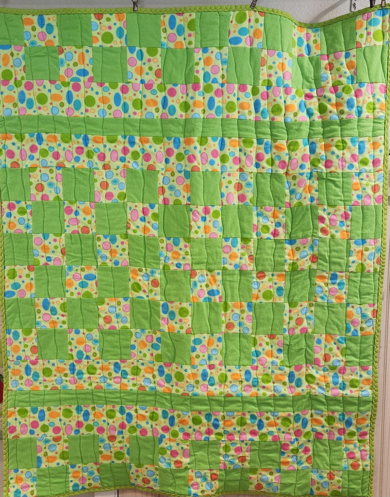 Handmade Green Cotton Flannel Patchwork Quilt, Polka Dot Baby Blanket (38x49" Crib Size)