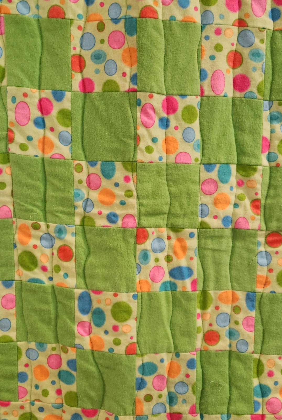 Handmade Green Cotton Flannel Patchwork Quilt, Polka Dot Baby Blanket (38x49" Crib Size), view 2