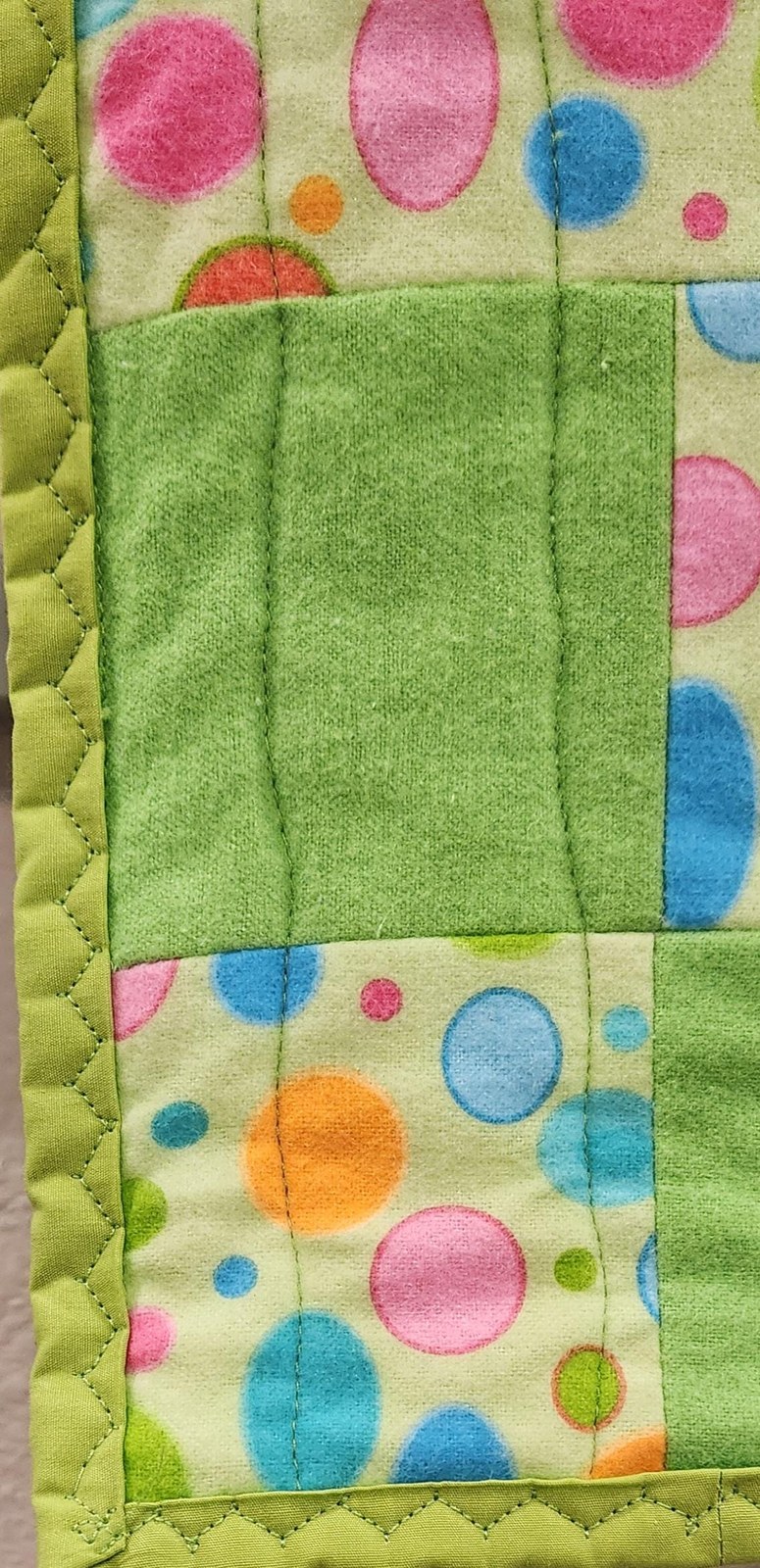 Handmade Green Cotton Flannel Patchwork Quilt, Polka Dot Baby Blanket (38x49" Crib Size), view 4