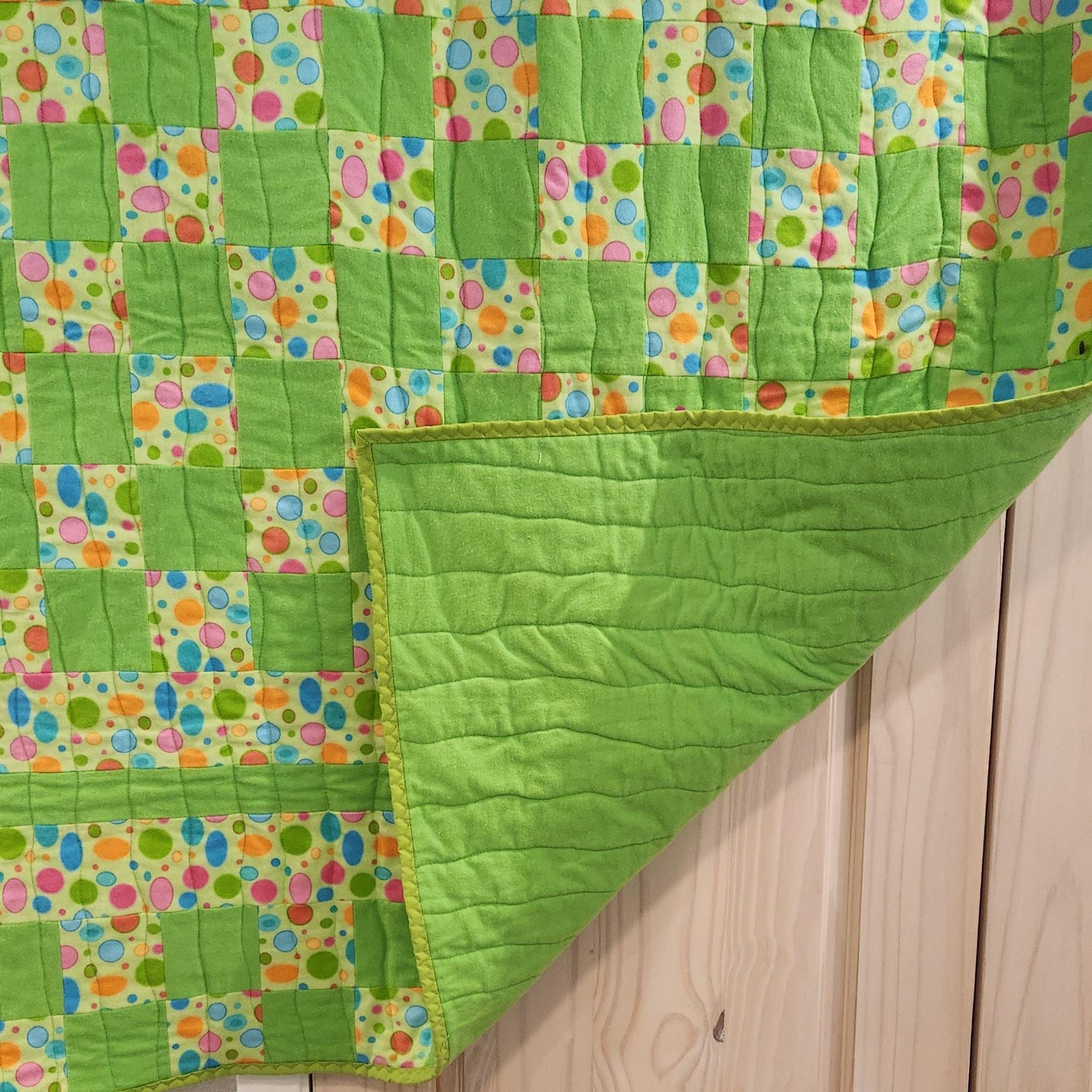 Handmade Green Cotton Flannel Patchwork Quilt, Polka Dot Baby Blanket (38x49" Crib Size), view 5