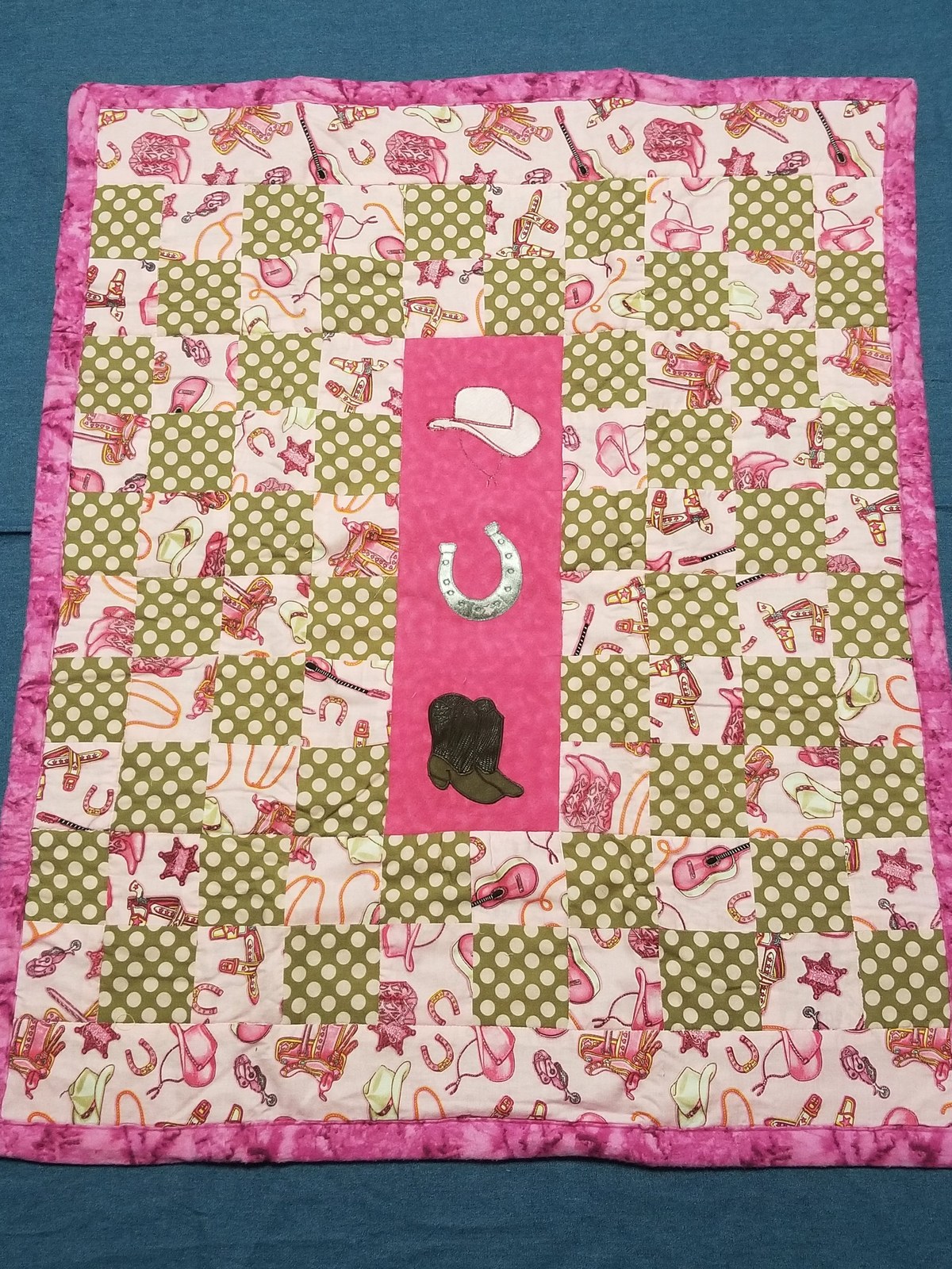 Handmade Cowgirl Baby Quilt: Appliqued Flannel Western Nursery Blanket(34"x40"), Pink Horseshoe Boots Hat, Baby Shower Gift