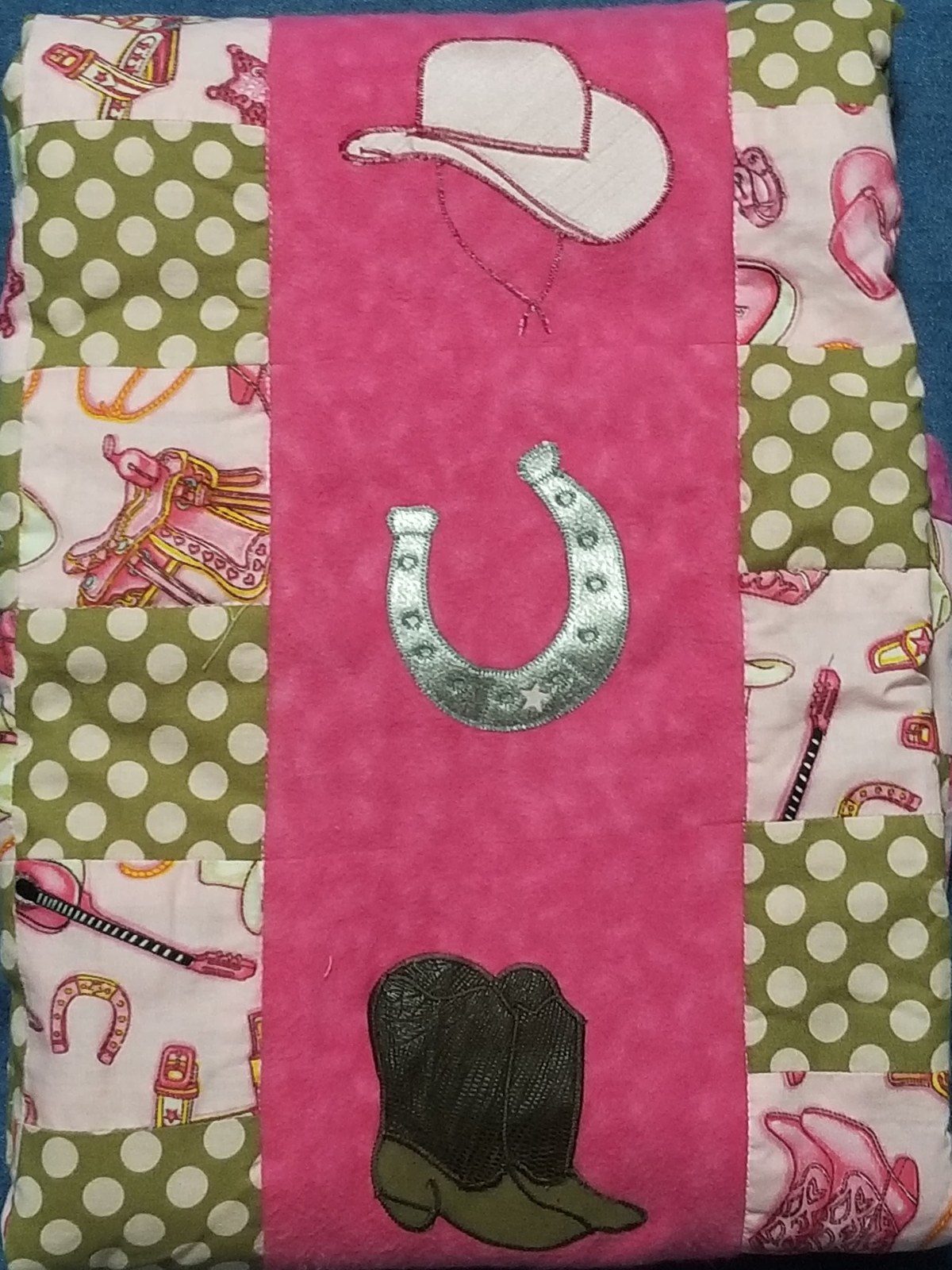 Handmade Cowgirl Baby Quilt: Appliqued Flannel Western Nursery Blanket(34"x40"), Pink Horseshoe Boots Hat, Baby Shower Gift, view 10