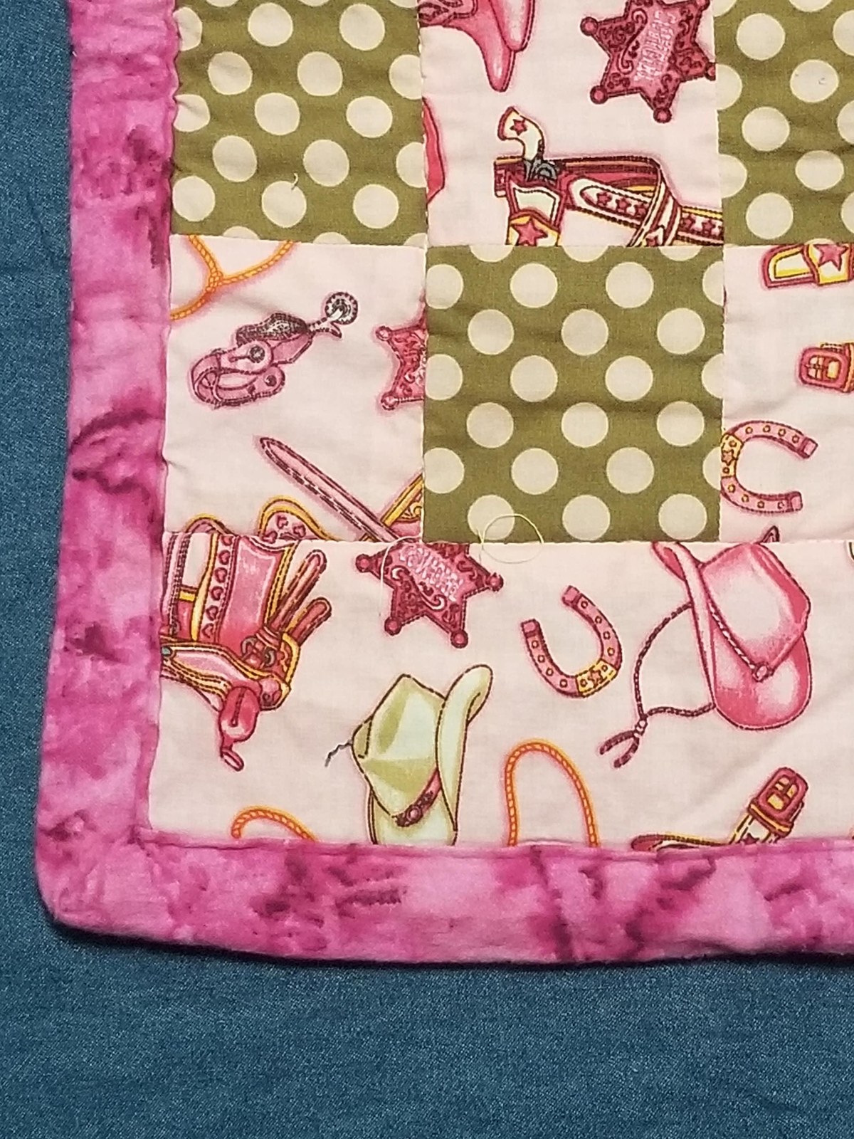 Handmade Cowgirl Baby Quilt: Appliqued Flannel Western Nursery Blanket(34"x40"), Pink Horseshoe Boots Hat, Baby Shower Gift, view 2