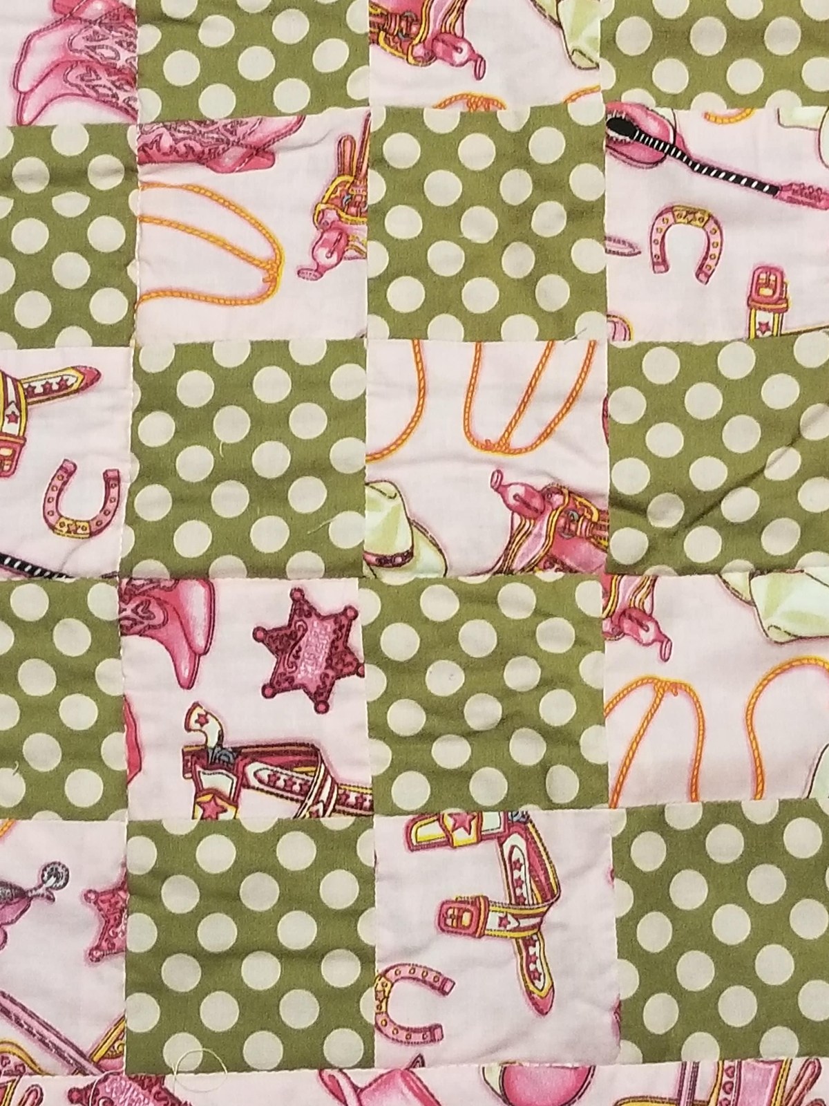 Handmade Cowgirl Baby Quilt: Appliqued Flannel Western Nursery Blanket(34"x40"), Pink Horseshoe Boots Hat, Baby Shower Gift, view 3