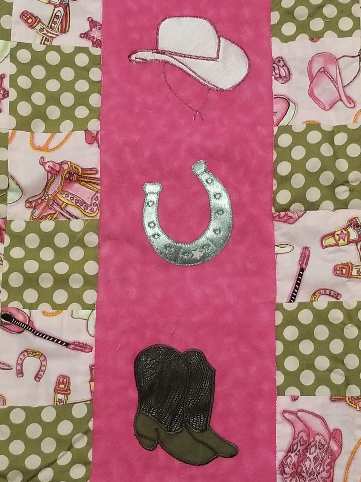 Handmade Cowgirl Baby Quilt: Appliqued Flannel Western Nursery Blanket(34"x40"), Pink Horseshoe Boots Hat, Baby Shower Gift, view 4