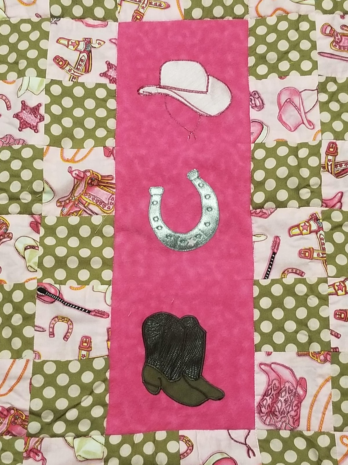 Handmade Cowgirl Baby Quilt: Appliqued Flannel Western Nursery Blanket(34"x40"), Pink Horseshoe Boots Hat, Baby Shower Gift, view 8