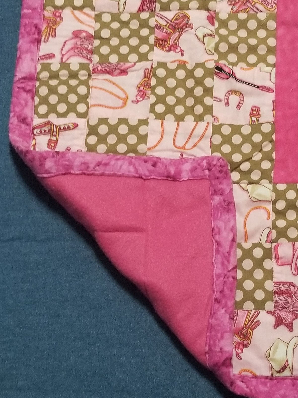 Handmade Cowgirl Baby Quilt: Appliqued Flannel Western Nursery Blanket(34"x40"), Pink Horseshoe Boots Hat, Baby Shower Gift, view 9