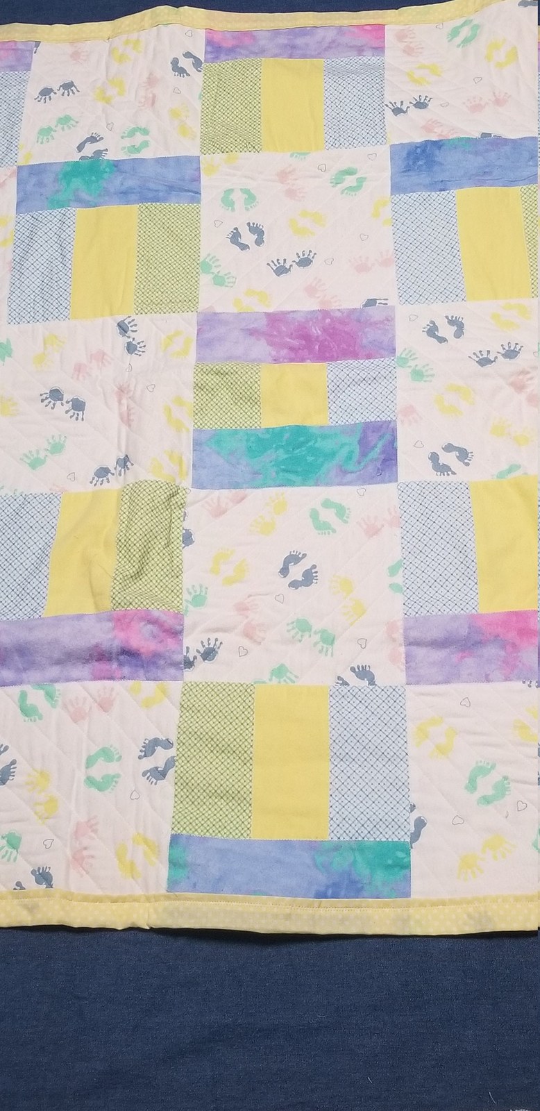 Handmade Flannel Baby Quilt, Pastel Hands and Feet Patchwork, Crib Quilt, Baby Shower Gift, New Baby Gift, Nursery Decor
