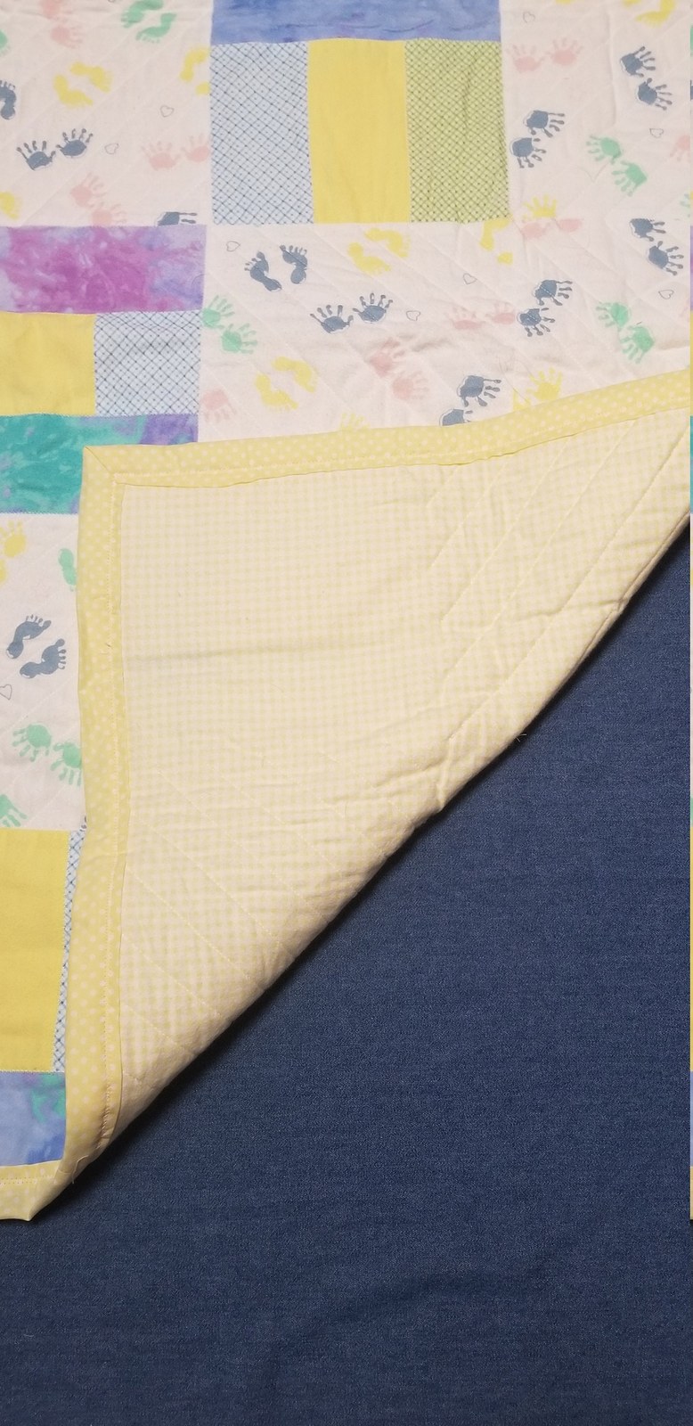 Handmade Flannel Baby Quilt, Pastel Hands and Feet Patchwork, Crib Quilt, Baby Shower Gift, New Baby Gift, Nursery Decor, view 10