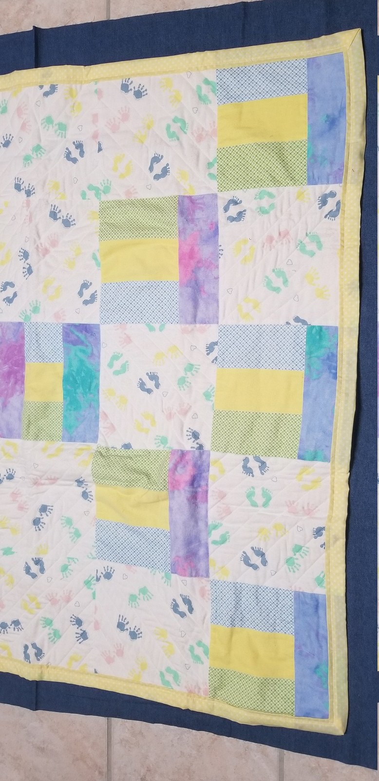 Handmade Flannel Baby Quilt, Pastel Hands and Feet Patchwork, Crib Quilt, Baby Shower Gift, New Baby Gift, Nursery Decor, view 8