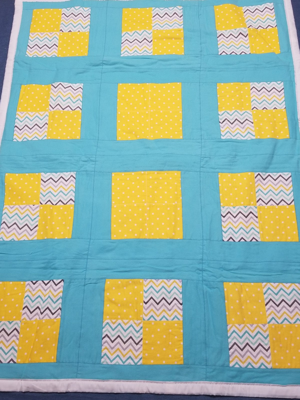 Handmade Flannel Baby Quilt, Turquoise & Yellow Polka Dot Chevron Lap Quilt(41"x54"), Baby Shower Gift, Nursery Decor