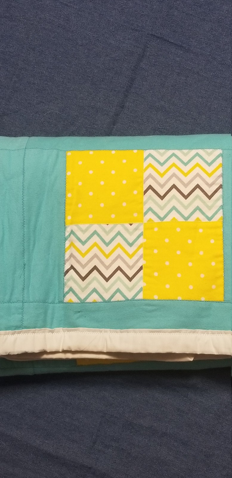 Handmade Flannel Baby Quilt, Turquoise & Yellow Polka Dot Chevron Lap Quilt(41"x54"), Baby Shower Gift, Nursery Decor, view 10