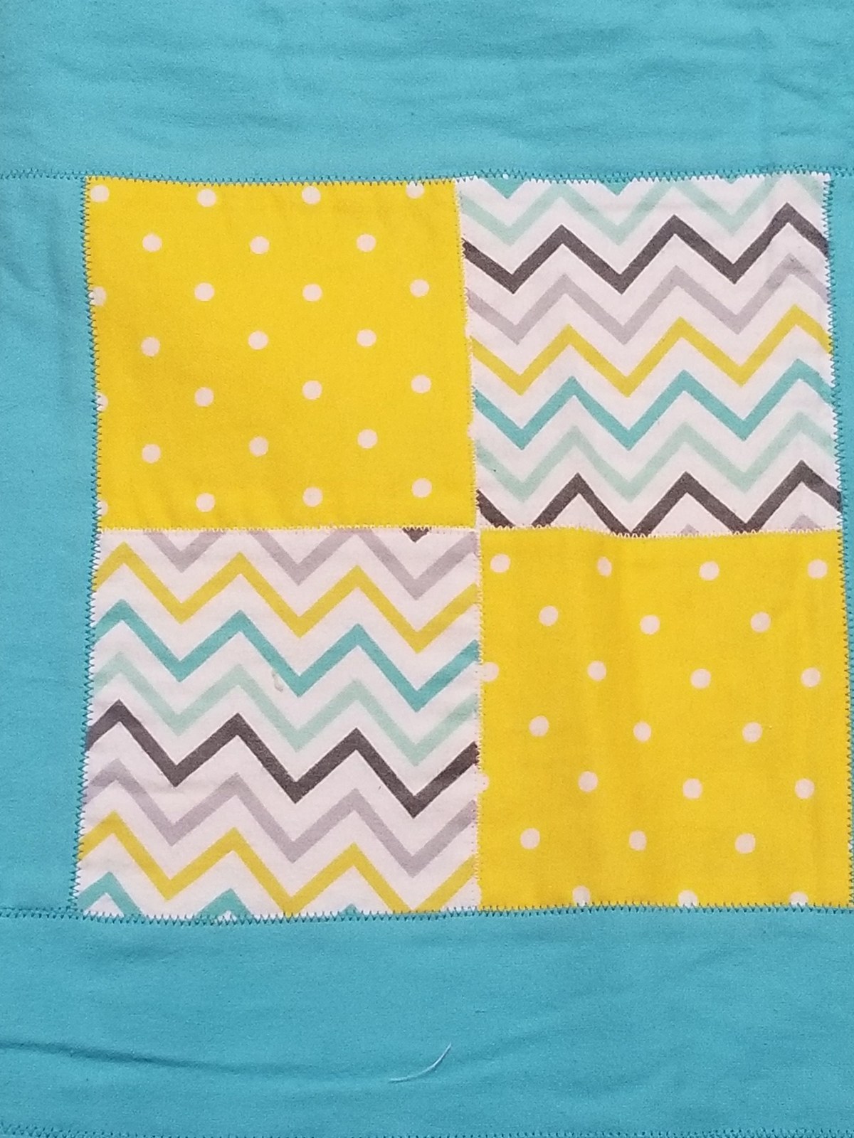 Handmade Flannel Baby Quilt, Turquoise & Yellow Polka Dot Chevron Lap Quilt(41"x54"), Baby Shower Gift, Nursery Decor, view 2