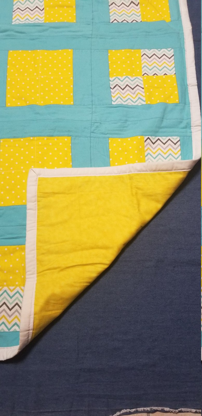 Handmade Flannel Baby Quilt, Turquoise & Yellow Polka Dot Chevron Lap Quilt(41"x54"), Baby Shower Gift, Nursery Decor, view 6