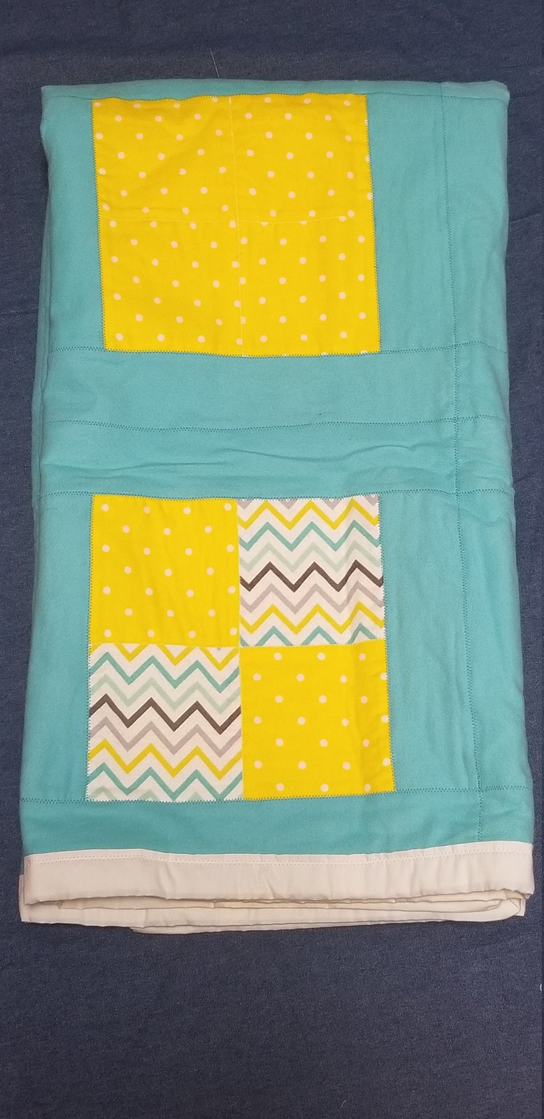 Handmade Flannel Baby Quilt, Turquoise & Yellow Polka Dot Chevron Lap Quilt(41"x54"), Baby Shower Gift, Nursery Decor, view 9